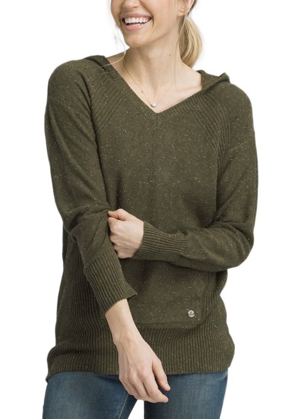 prAna Shoal Tunic Green Speckled Knit V-Neck Hoodie Kangaroo Pocket Womens Small